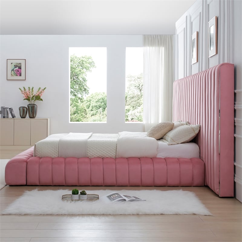 Avalon Velvet Upholstered King Platform Bed with Wings in Pink