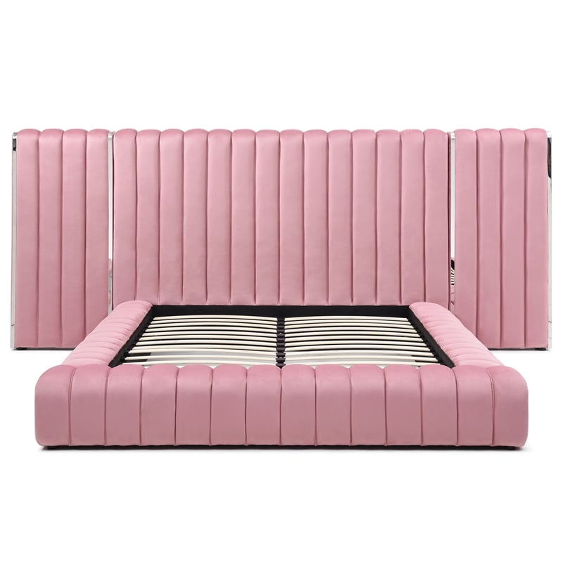 Avalon Velvet Upholstered King Platform Bed with Wings in Pink