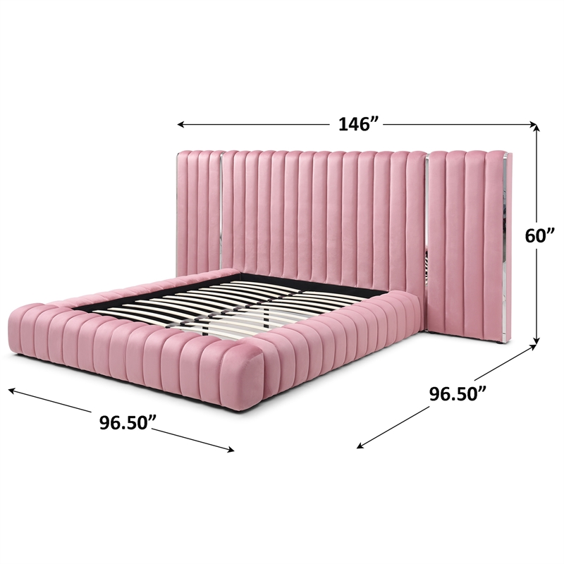 Avalon Velvet Upholstered King Platform Bed with Wings in Pink