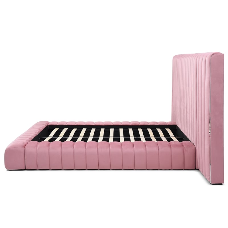 Avalon Velvet Upholstered King Platform Bed with Wings in Pink