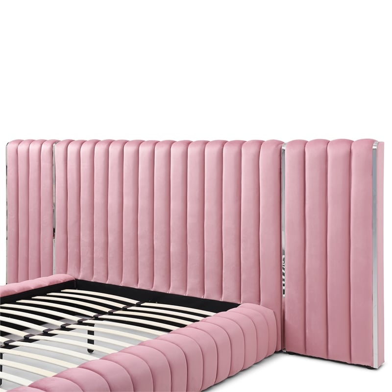 Avalon Velvet Upholstered King Platform Bed with Wings in Pink