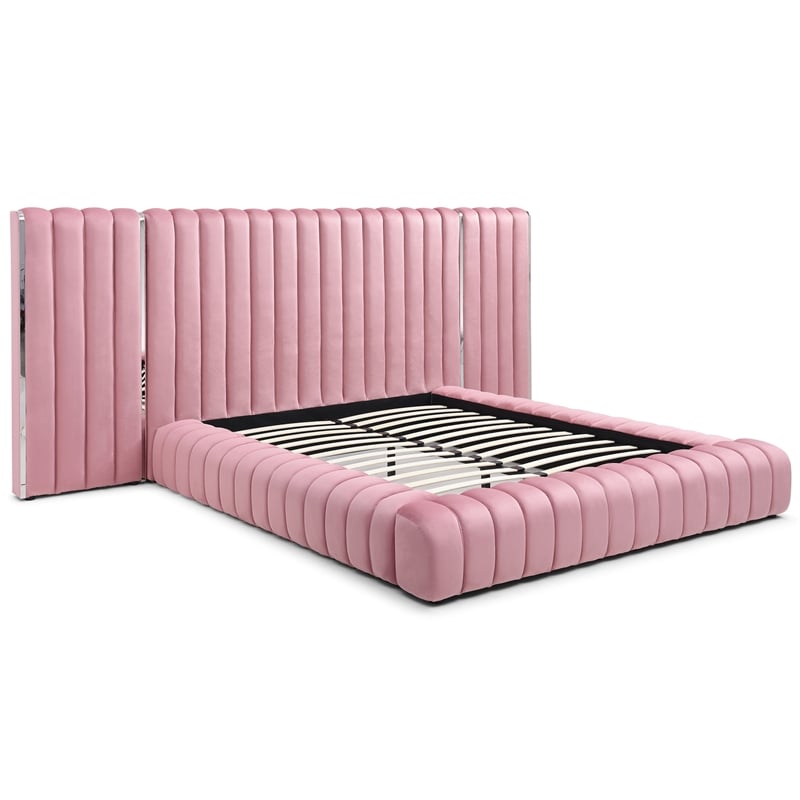 Avalon Velvet Upholstered King Platform Bed with Wings in Pink