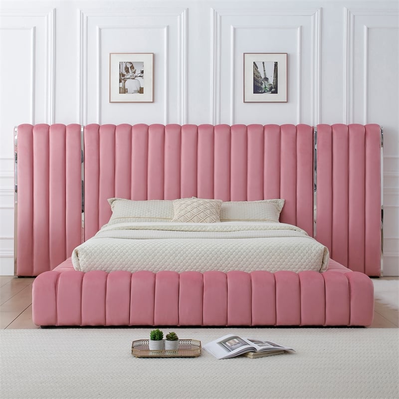 Avalon Velvet Upholstered King Platform Bed with Wings in Pink