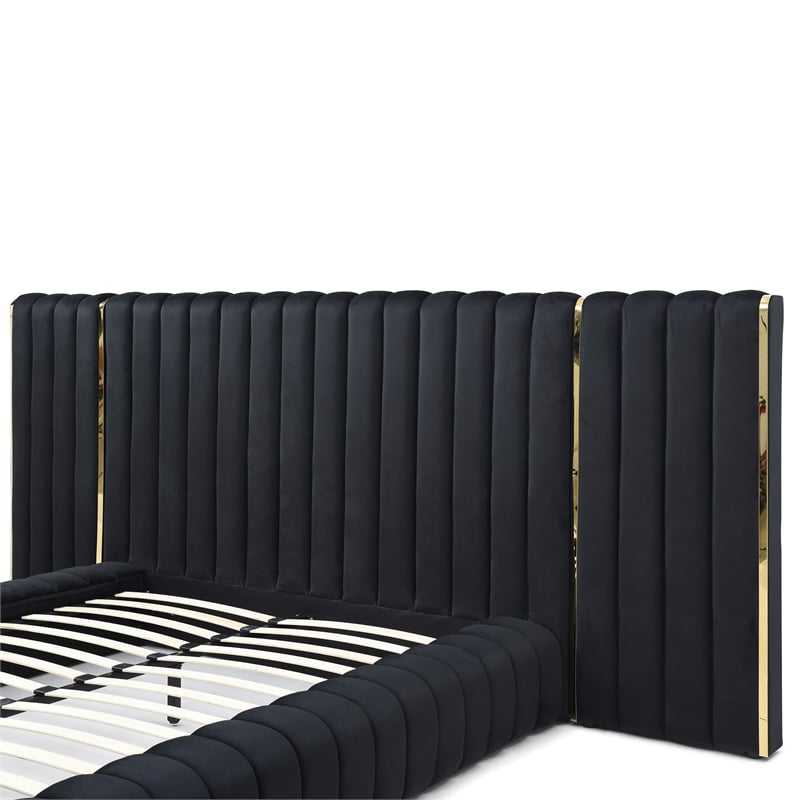Avalon Velvet Upholstered King Platform Bed with Wings in Black