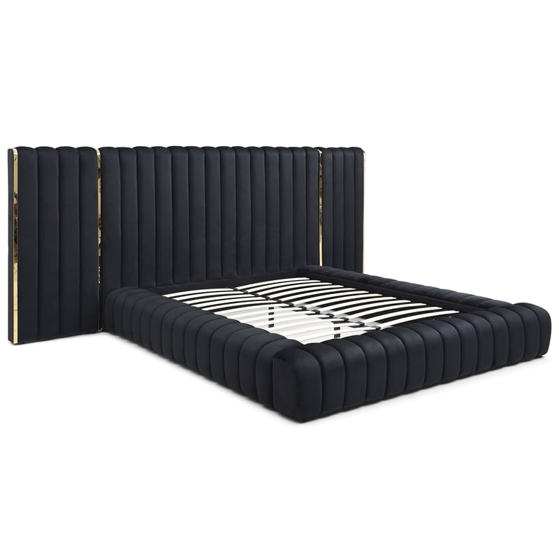 Avalon Velvet Upholstered King Platform Bed with Wings in Black