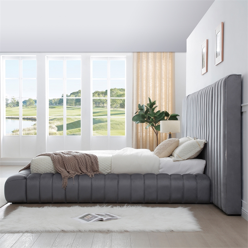 Avalon Velvet Upholstered King Platform Bed with Wings in Gray