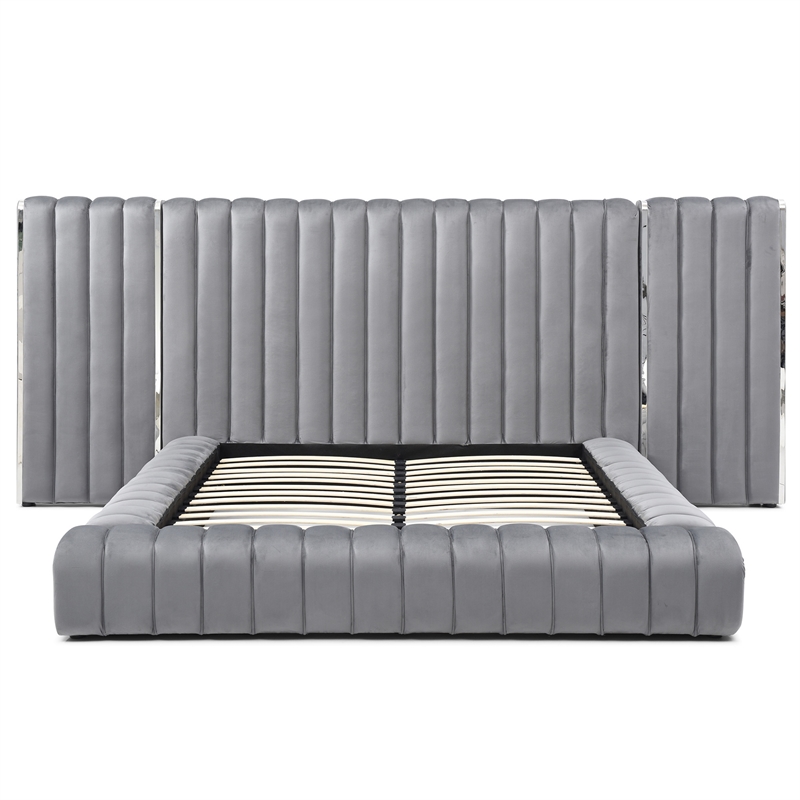 Avalon Velvet Upholstered King Platform Bed with Wings in Gray