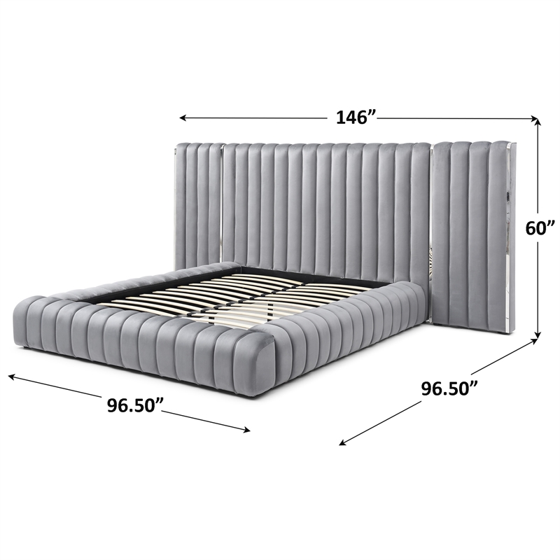 Avalon Velvet Upholstered King Platform Bed with Wings in Gray