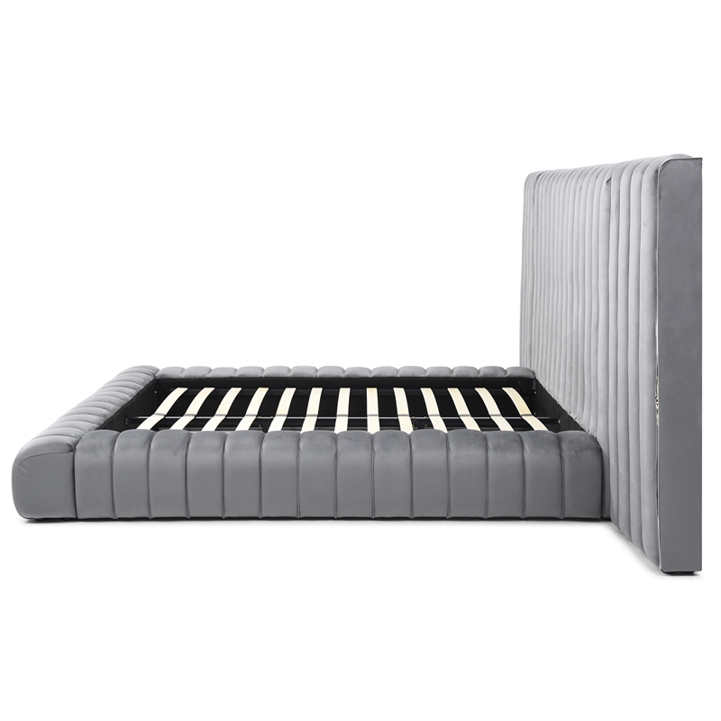 Avalon Velvet Upholstered King Platform Bed with Wings in Gray