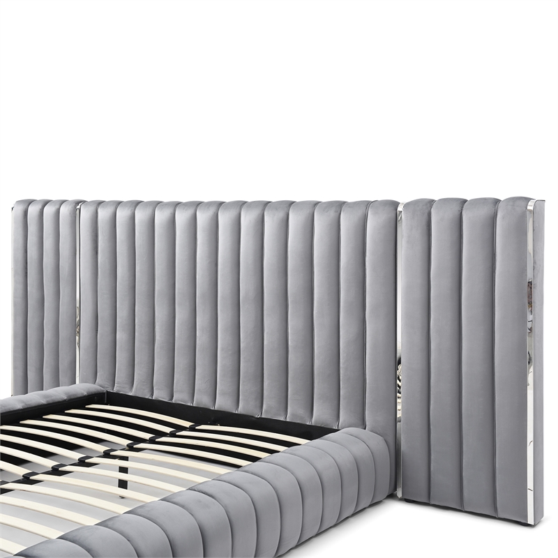 Avalon Velvet Upholstered King Platform Bed with Wings in Gray