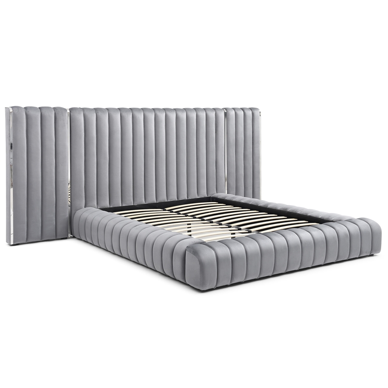 Avalon Velvet Upholstered King Platform Bed with Wings in Gray