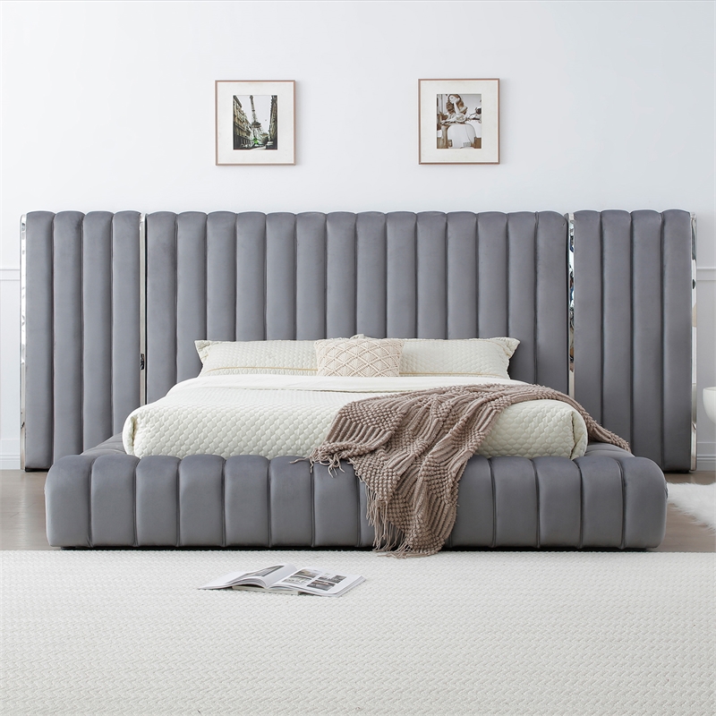 Avalon Velvet Upholstered King Platform Bed with Wings in Gray