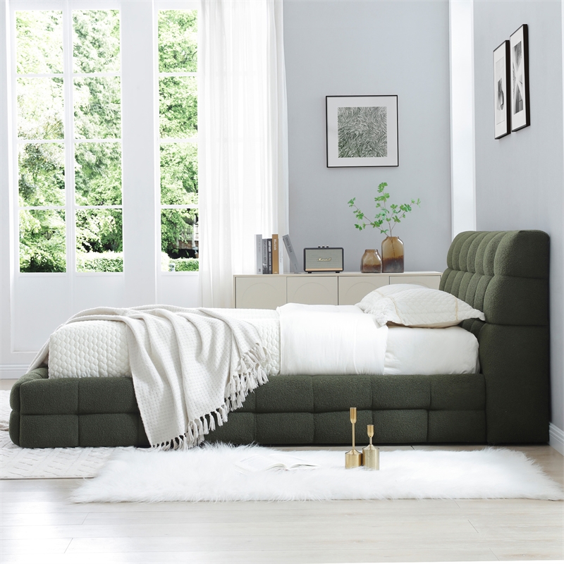 Electra King Size Fabric Upholstered Bed Frame in Green