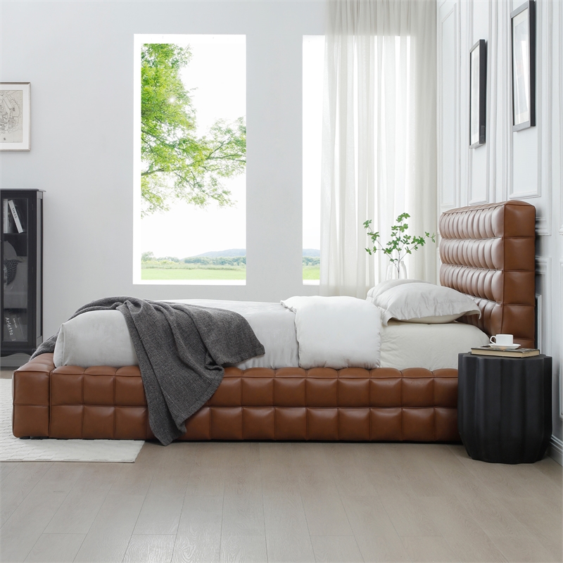 Livia Queen Size Faux Leather Upholstered Bed Fram in Brown
