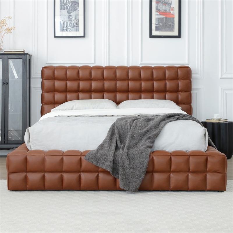 Livia Queen Size Faux Leather Upholstered Bed Fram in Brown