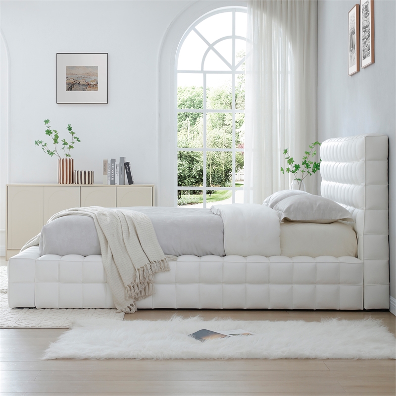 Livia Queen Size Faux Leather Upholstered Bed Fram in White