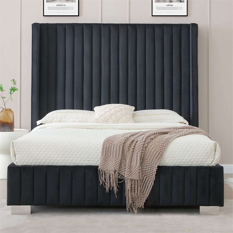Jeffrey Queen Size Velvet Upholstered Bed Frame in Black