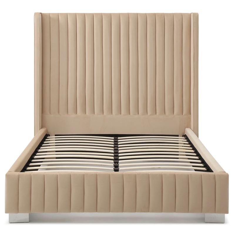 Jeffrey Queen Size Velvet Upholstered Bed Frame In Camel