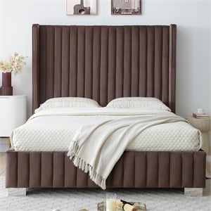 Jeffrey Queen Size Velvet Upholstered Bed Frame in Dark Brown