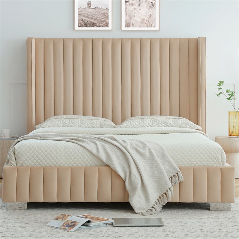 Jeffrey King Size Velvet Upholstered Bed Frame in Camel