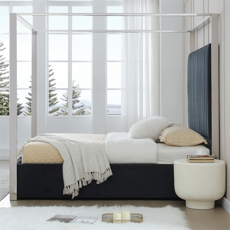 Jeffrey Canopy Velvet Upholstered Queen Bed Frame In Black