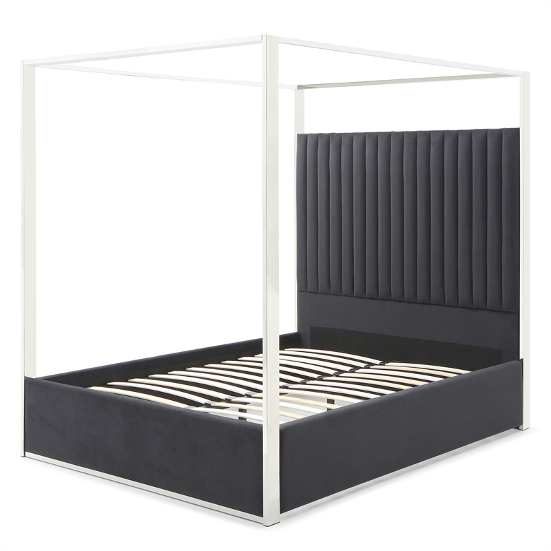 Jeffrey Canopy Velvet Upholstered Queen Bed Frame In Black