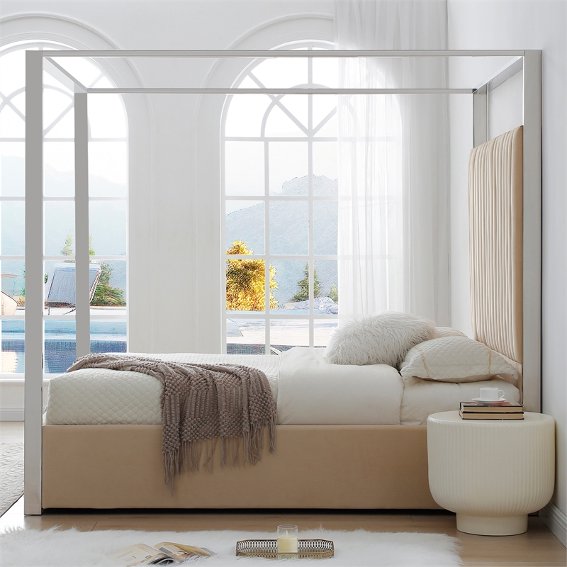 Jeffrey Canopy Velvet Upholstered Queen Bed Frame In Camel
