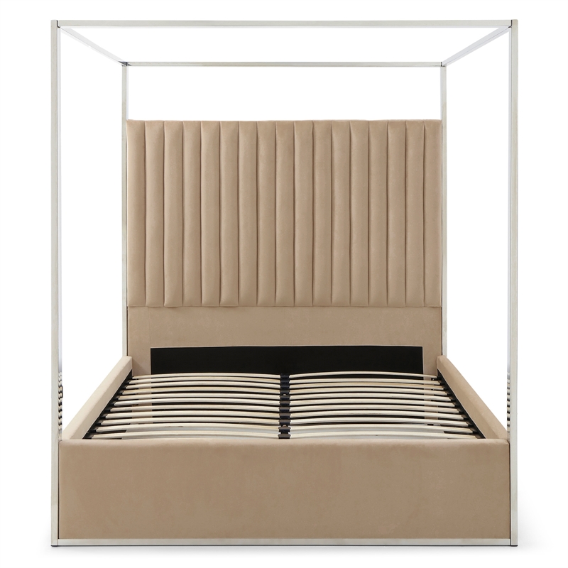 Jeffrey Canopy Velvet Upholstered Queen Bed Frame In Camel