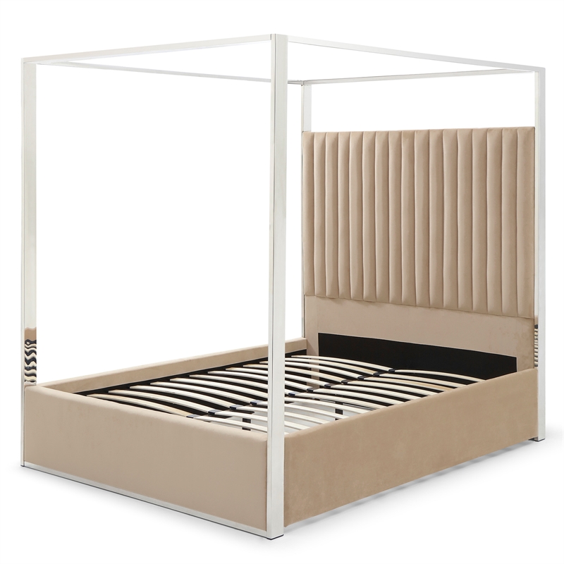 Jeffrey Canopy Velvet Upholstered Queen Bed Frame In Camel