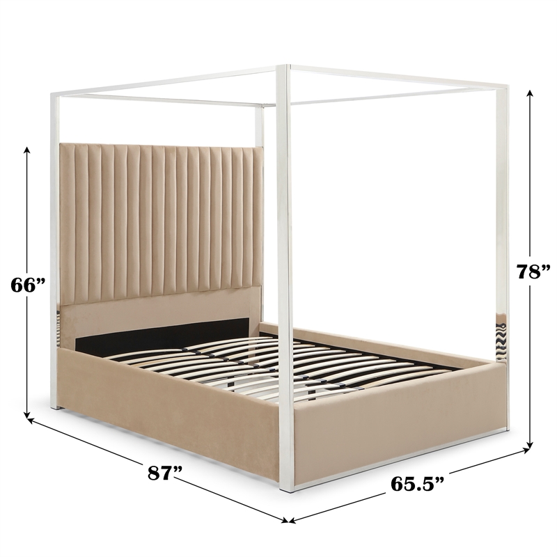 Jeffrey Canopy Velvet Upholstered Queen Bed Frame In Camel