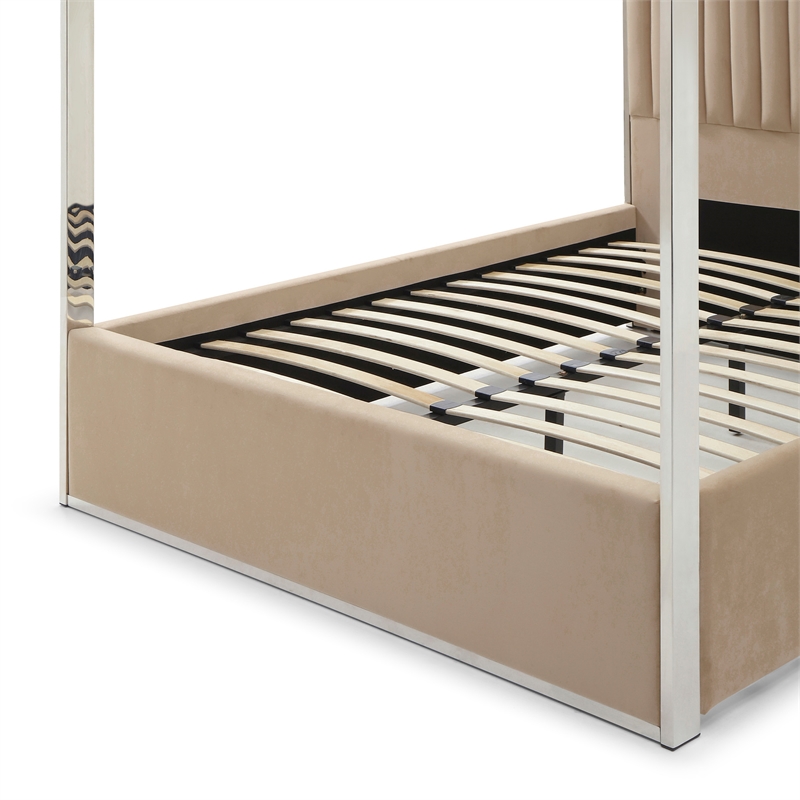 Jeffrey Canopy Velvet Upholstered Queen Bed Frame In Camel