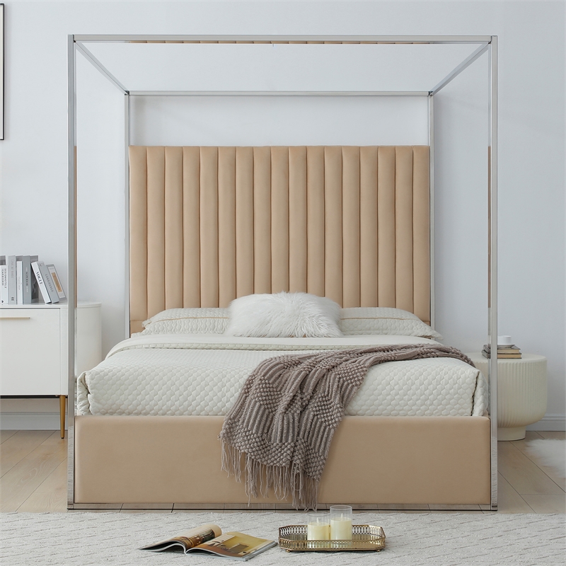 Jeffrey Canopy Velvet Upholstered Queen Bed Frame In Camel