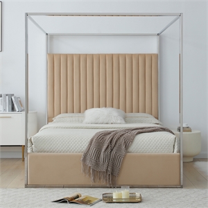 Jeffrey Canopy Velvet Upholstered Queen Bed Frame In Camel