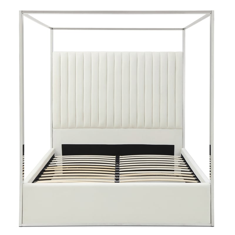 Jeffrey Canopy Velvet Upholstered Queen Bed Frame In Cream