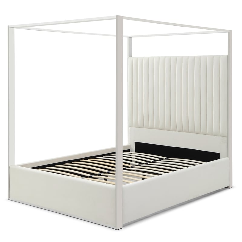 Jeffrey Canopy Velvet Upholstered Queen Bed Frame In Cream