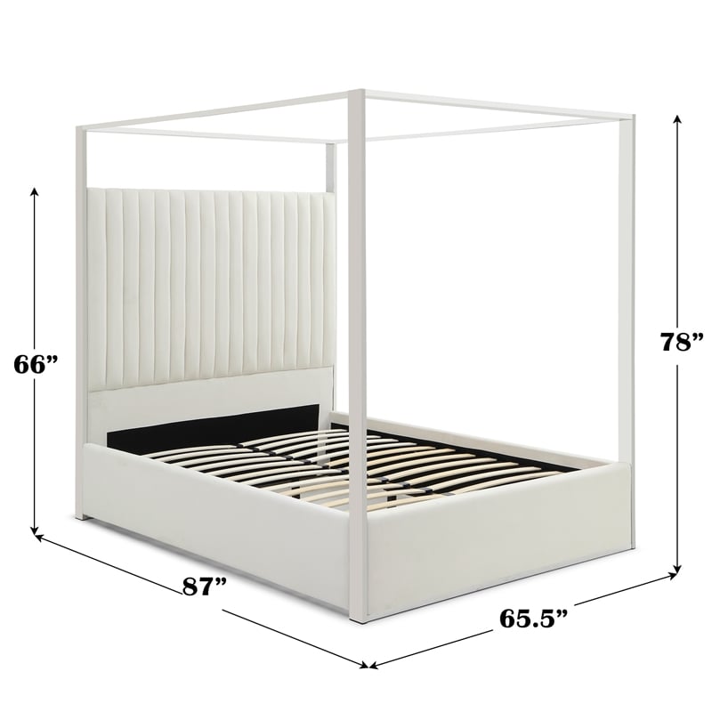 Jeffrey Canopy Velvet Upholstered Queen Bed Frame In Cream