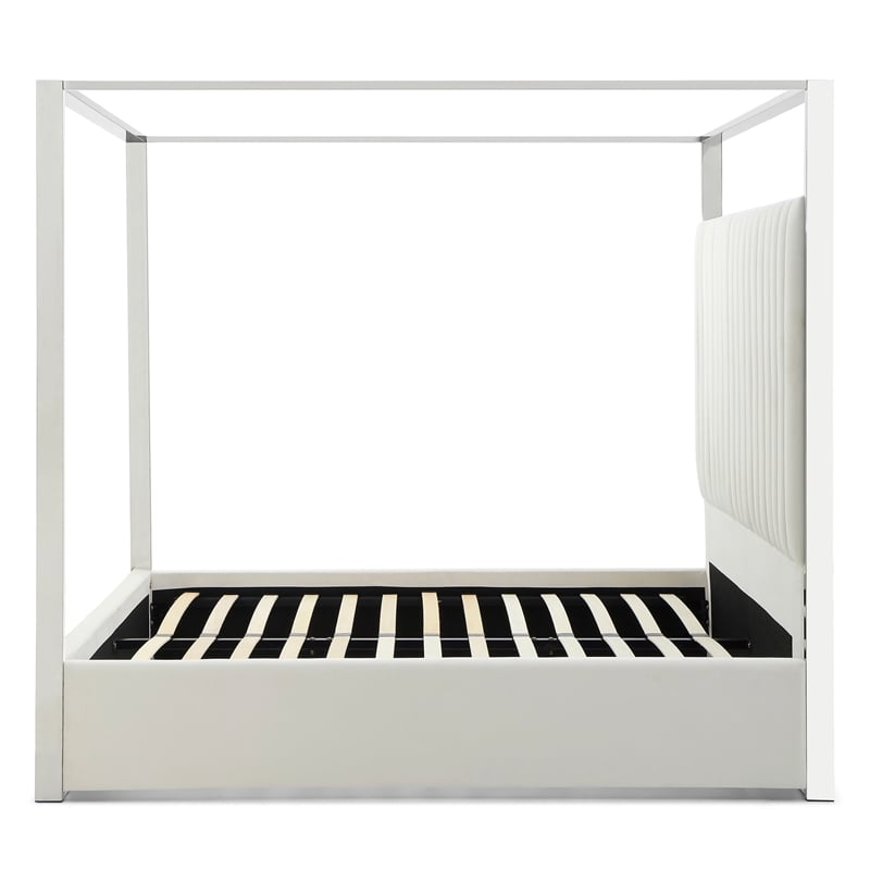 Jeffrey Canopy Velvet Upholstered Queen Bed Frame In Cream