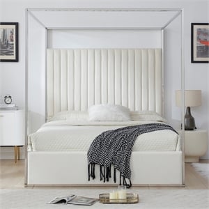 Jeffrey Canopy Velvet Upholstered Queen Bed Frame In Cream