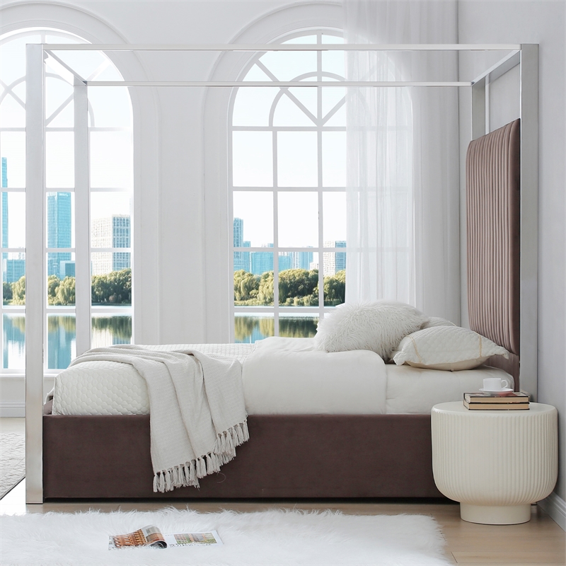 Jeffrey Canopy Velvet Upholstered Queen Bed Frame In Dark Brown