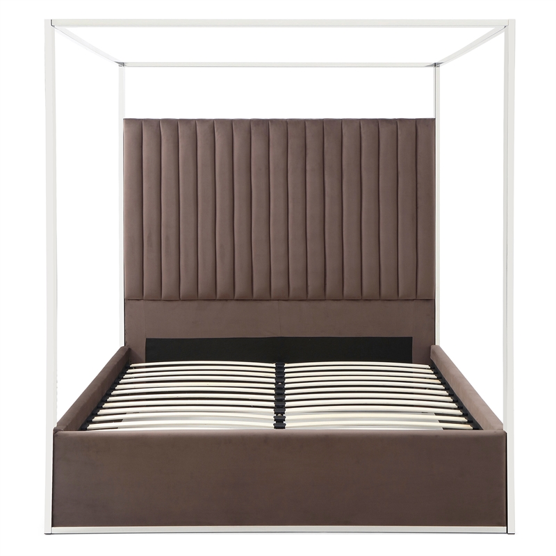 Jeffrey Canopy Velvet Upholstered Queen Bed Frame In Dark Brown