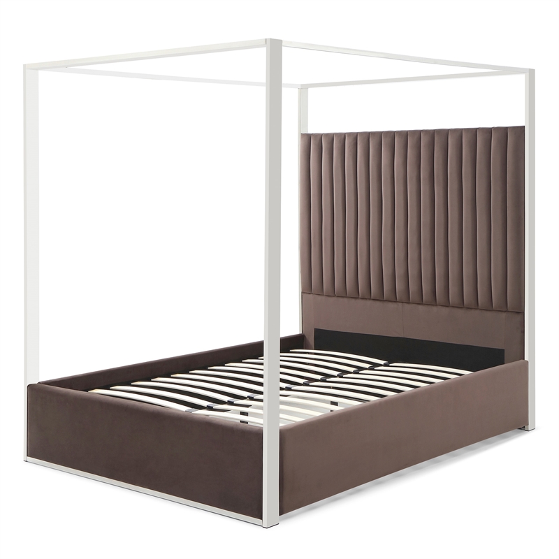 Jeffrey Canopy Velvet Upholstered Queen Bed Frame In Dark Brown