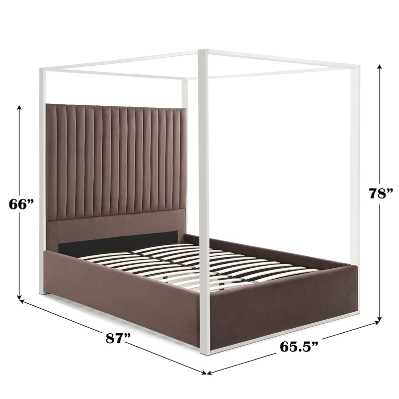 Jeffrey Canopy Velvet Upholstered Queen Bed Frame In Dark Brown