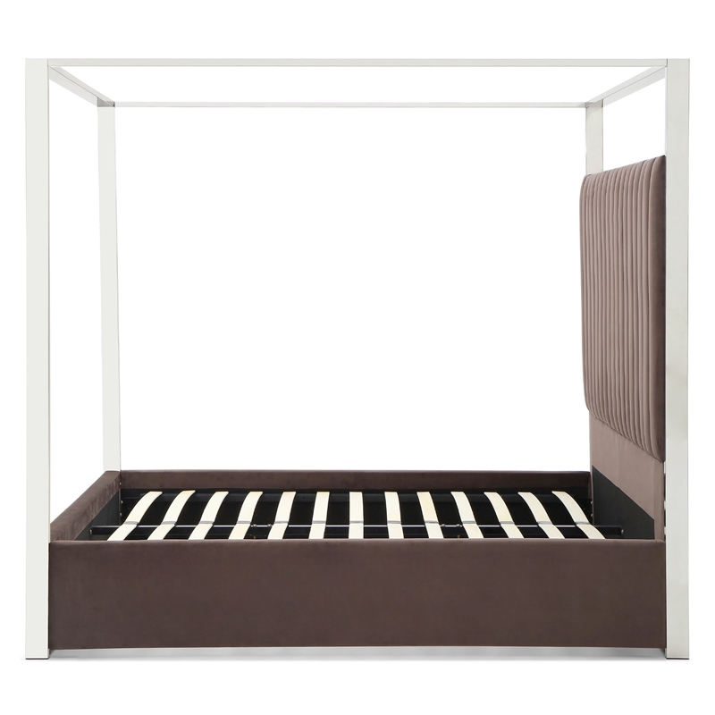 Jeffrey Canopy Velvet Upholstered Queen Bed Frame In Dark Brown