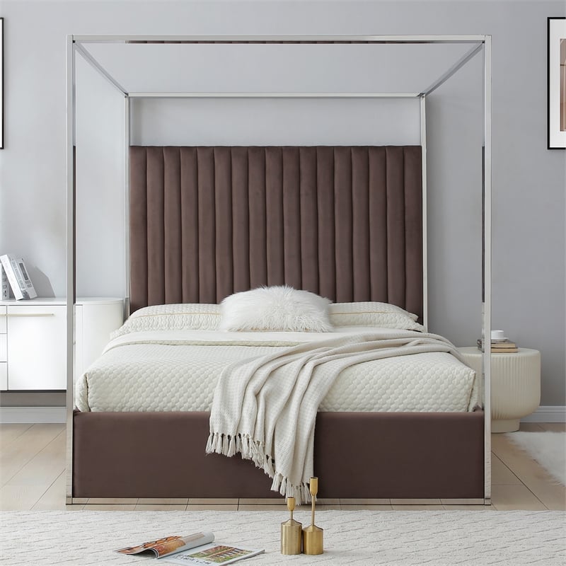 Jeffrey Canopy Velvet Upholstered Queen Bed Frame In Dark Brown