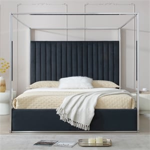 Jeffrey Canopy Velvet Upholstered King Bed Frame In Black
