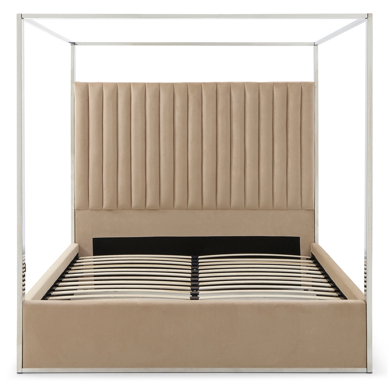 Jeffrey Canopy Velvet Upholstered King Bed Frame In Camel
