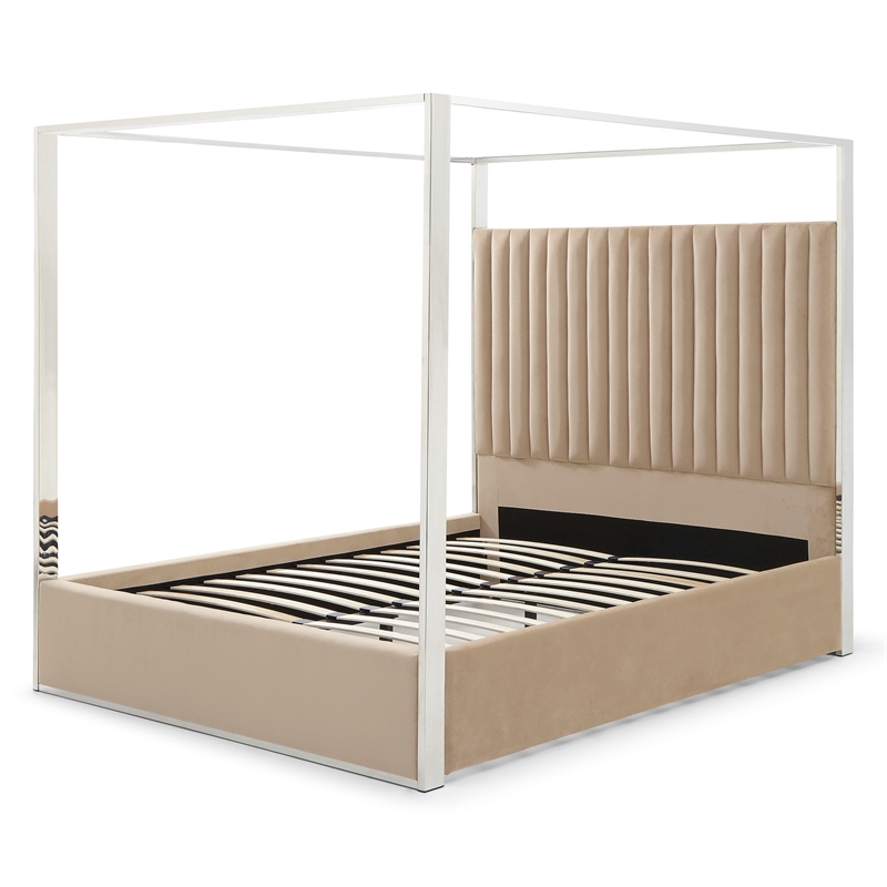 Jeffrey Canopy Velvet Upholstered King Bed Frame In Camel