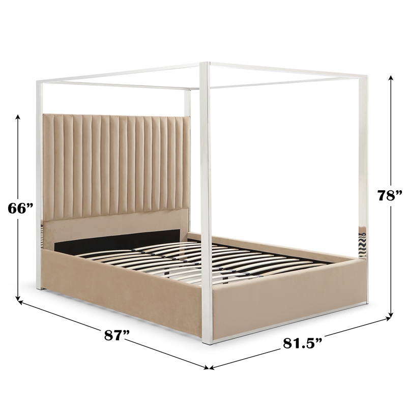 Jeffrey Canopy Velvet Upholstered King Bed Frame In Camel