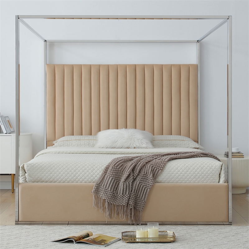 Jeffrey Canopy Velvet Upholstered King Bed Frame In Camel