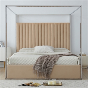 Jeffrey Canopy Velvet Upholstered King Bed Frame In Camel